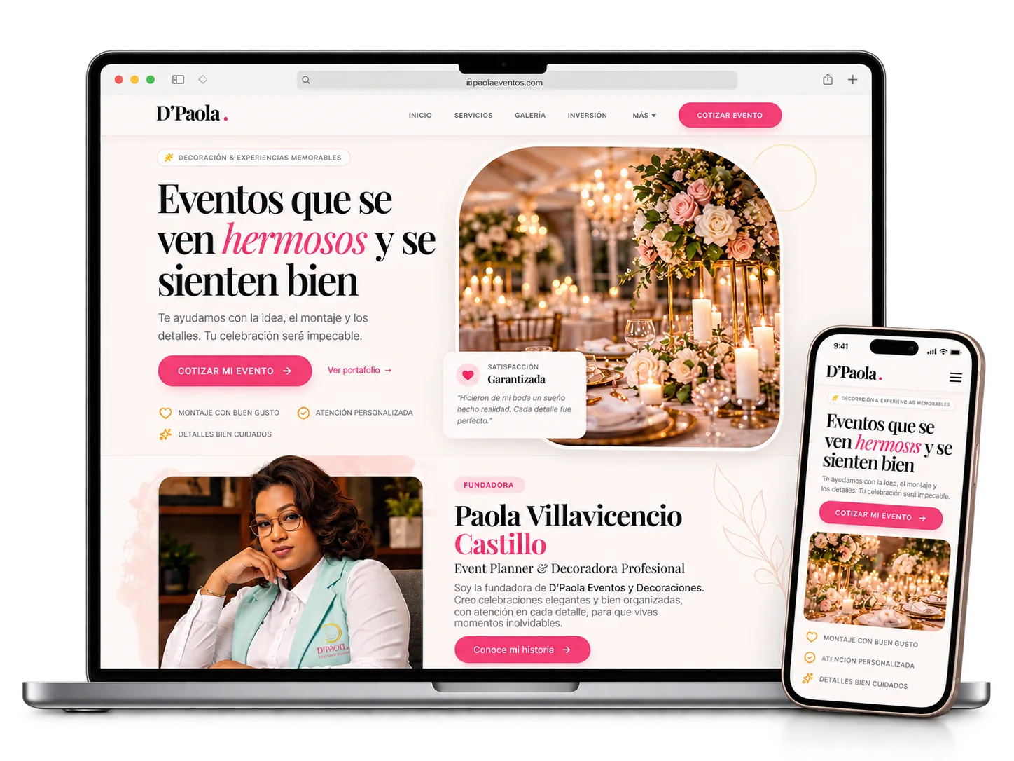 Diseño web elegante de D’Paola Eventos y Decoraciones con Paola al frente